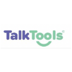 TalkTools logo featuring a circular design with a blue speech bubble icon and the brand name 'TalkTools' in bold, black letters next to it. The speech bubble symbolizes communication and speech therapy, representing the company's focus on oral motor therapy tools and techniques.